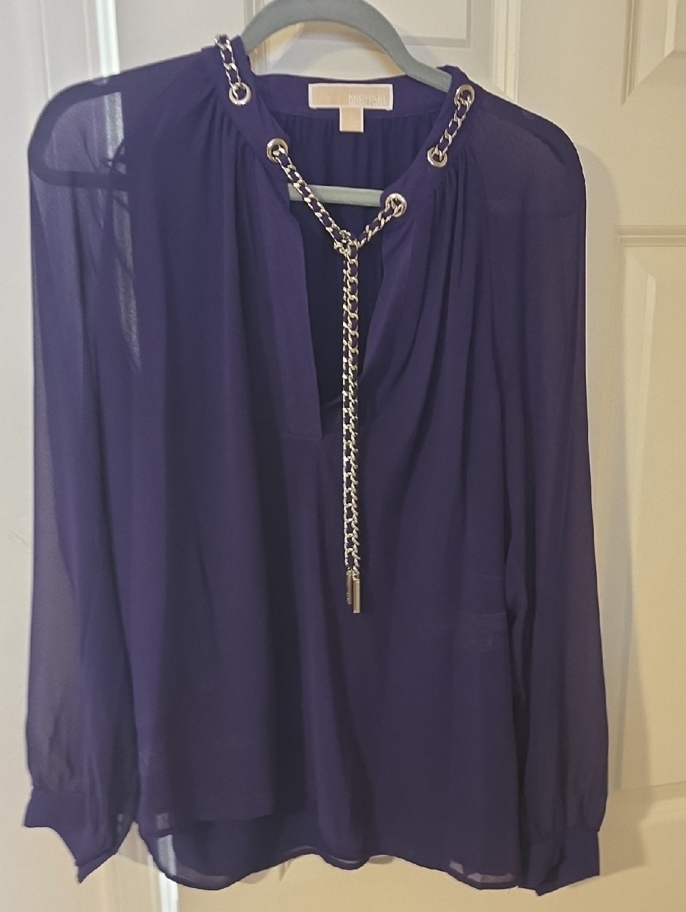 Michael Kors Deep Purple Sheer Blouse with Chain Trim